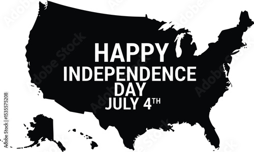 Black silhouette of the united states map with happy independence day july fourth text overlayed on it