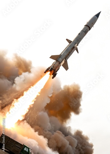 Military Missile Launch with Fiery Exhaust – Isolated on White Background, High-Resolution Stock Image