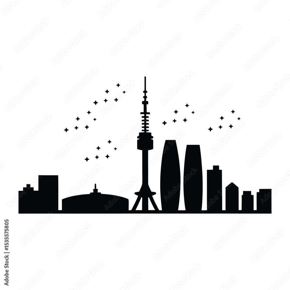 Obraz premium Seoul Night Skyline Icon, Vector, Illustration, Icon, Outline, Line Art, Silhouette, Logo, White Background.