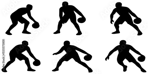 Vector image displaying six silhouettes of basketball players performing dribbling actions, emphasizing dynamics and athleticism