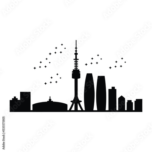 Seoul Night Skyline Icon, Vector, Illustration, Icon, Outline, Line Art, Silhouette, Logo, White Background.