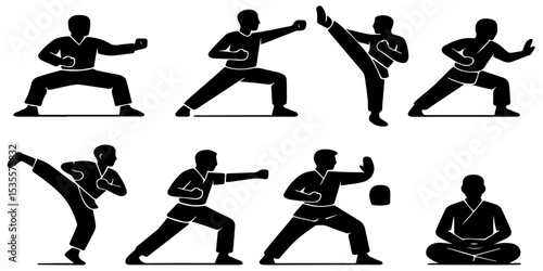 Silhouettes of martial artists performing different techniques, emphasizing discipline, control, and flexibility. Ideal for representing strength, focus, and the art of self-defense.