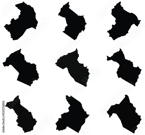 Nine Black Silhouette Maps of Administrative Regions
