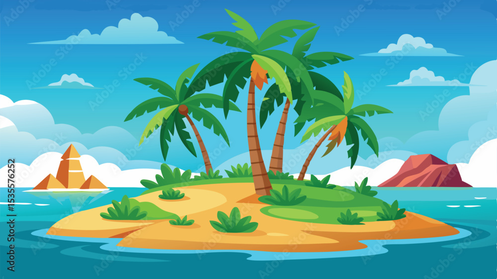 Obraz premium Cartoon Tropical Island with Palm Trees, Green Vegetation, Blue Sea, and Distant Mountains
