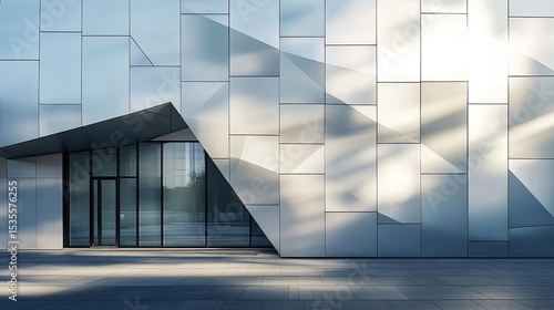 Modern building facade with metal panels and glass entrance