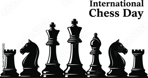 A graphic illustration of chess pieces with the words international chess day above the pieces