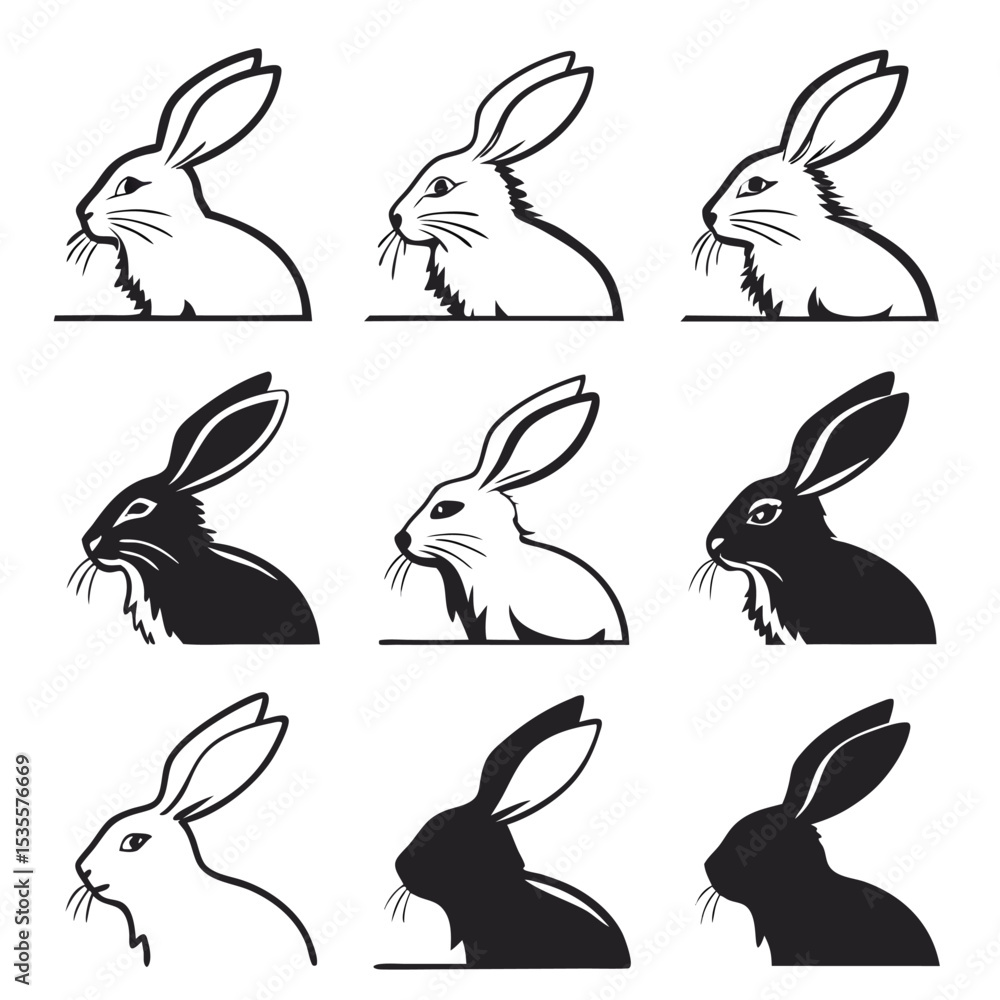 Fototapeta premium Collection of bunny head silhouettes in various styles suitable for easter or spring designs
