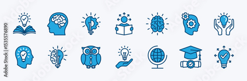 Set of knowledge cognition icon vector. Contains innovation, smart thinking, learning, light bulb genius idea, creative, creativity, education book, achievement, brain, brainstorm, graduation. EPS 10