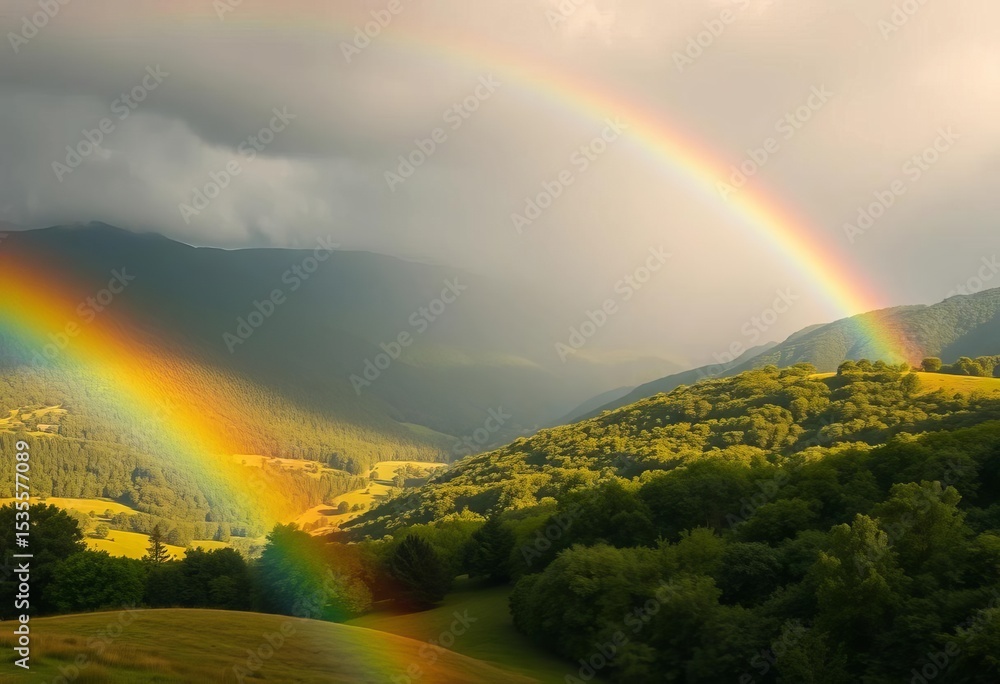 Obraz premium Bright, sunlit valley after rain; rainbow arcing over lush green hills and trees, hills, pastoral