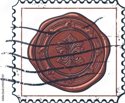 A detailed illustration of a brown wax seal with a fleur de lis on a white postage stamp design
