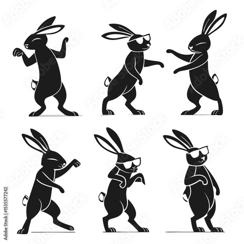 Playful black and white rabbit silhouettes dancing in sunglasses and upbeat poses