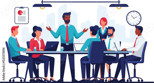 A business meeting with a diverse group of people around a table in a modern office setting vector art