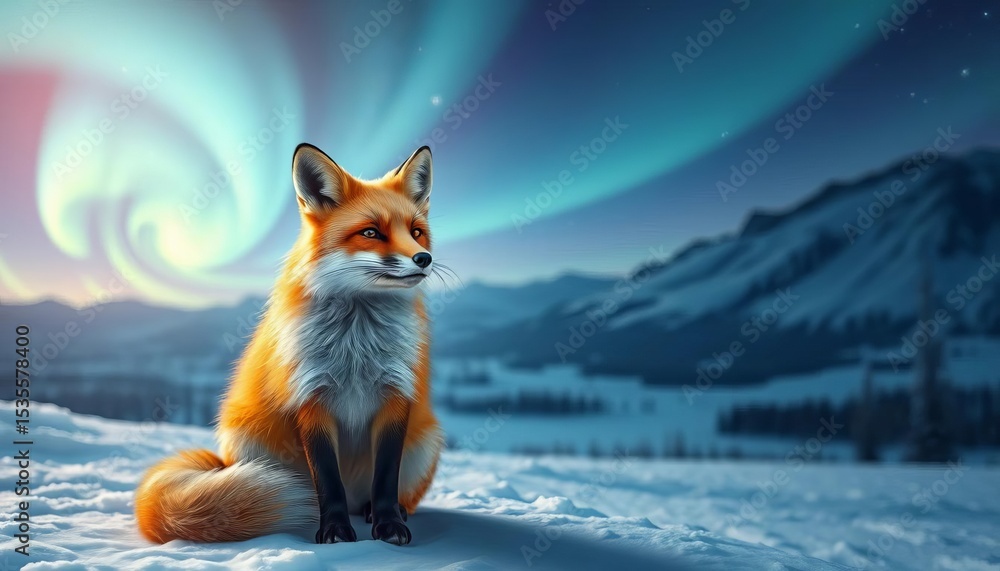 Obraz premium Whimsical fox, serene pose, aurora borealis, snowy landscape, fantasy, vibrant