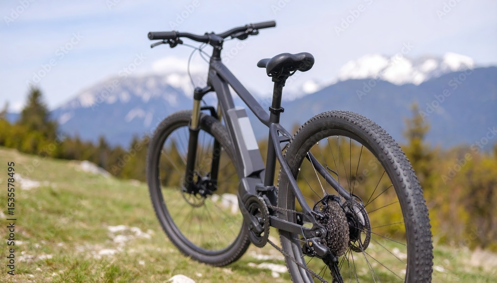 Fototapeta premium Electricobe -bike against the backdrop of a picturesque mountain landscape with snow -capped peaks and dense forest. Topics about outdoor activities, ecotourism or environmentally friendly transport