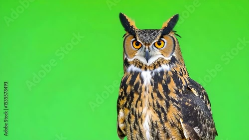 Wallpaper Mural Majestic great horned owl perched gracefully on a vibrant green background in nature's beauty Torontodigital.ca