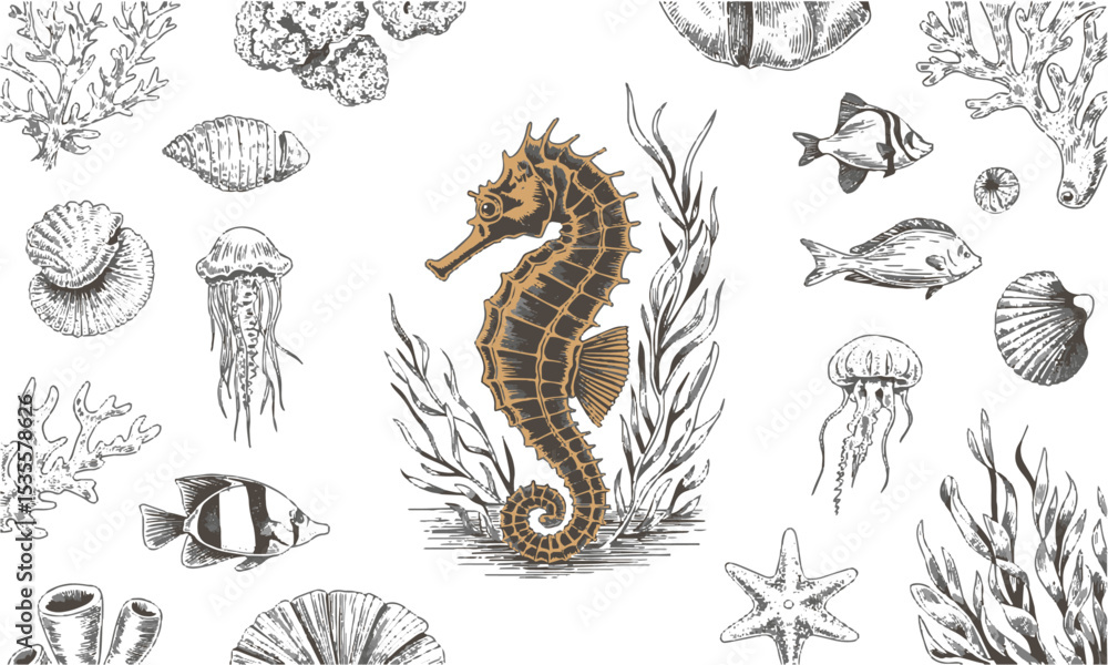 Obraz premium Vector illustration inspired by a detailed hand-drawn marine life collection, seaweed, seashells, tropical fish, seahorses, sea stars, jellyfish, octopus, and marine plants, easily editable.