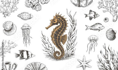  Vector illustration inspired by a detailed hand-drawn marine life collection, seaweed, seashells, tropical fish, seahorses, sea stars, jellyfish, octopus, and marine plants, easily editable.