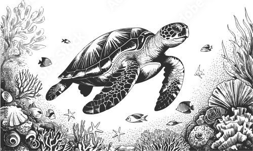  Vector illustration inspired by a detailed hand-drawn marine life collection, seaweed, seashells, tropical fish, seahorses, sea stars, jellyfish, octopus, and marine plants, easily editable.