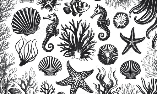  Vector illustration inspired by a detailed hand-drawn marine life collection, seaweed, seashells, tropical fish, seahorses, sea stars, jellyfish, octopus, and marine plants, easily editable.