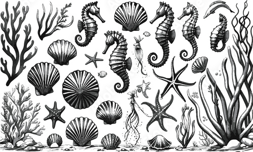  Vector illustration inspired by a detailed hand-drawn marine life collection, seaweed, seashells, tropical fish, seahorses, sea stars, jellyfish, octopus, and marine plants, easily editable.