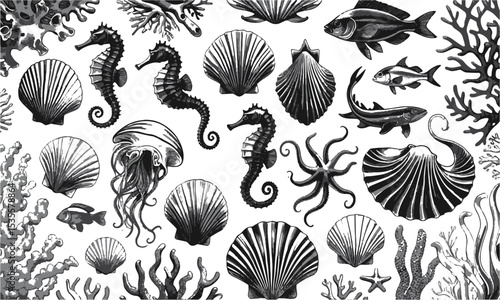  Vector illustration inspired by a detailed hand-drawn marine life collection, seaweed, seashells, tropical fish, seahorses, sea stars, jellyfish, octopus, and marine plants, easily editable.