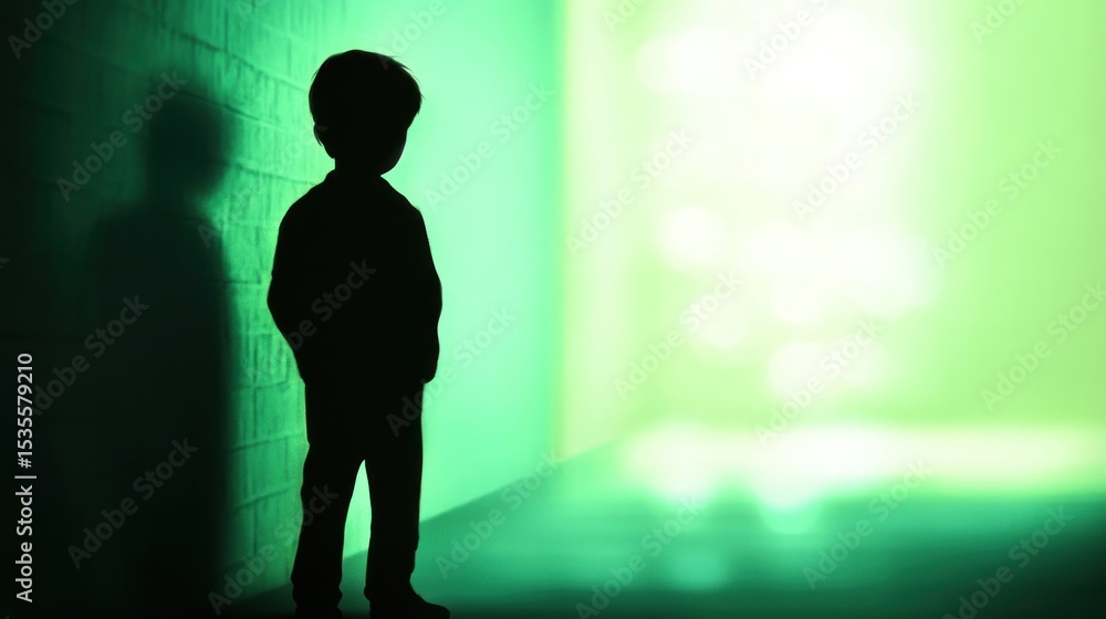 Silhouette of a Young Boy Standing Against a Green Wall with Soft Light and Shadow Effects in an Abstract Environment Silhouette of a Young Boy Standing Against a Green Wall with Soft Light and Shadow Effects in an Abstract Environment