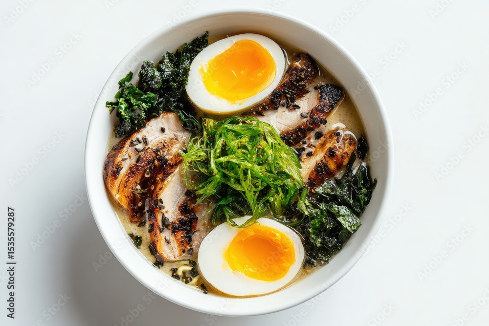 Top-Down View of Ramen Bowl with Egg, Seaweed, and Pork on White Background Top-Down View of Ramen Bowl with Egg, Seaweed, and Pork on White Background