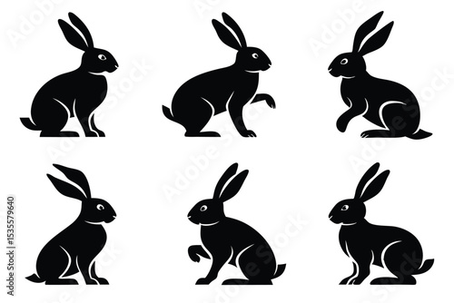 Six black rabbit silhouettes in various poses against a clean white background