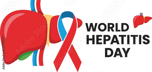 World hepatitis day illustration featuring a liver, ribbon, and text on a white background art