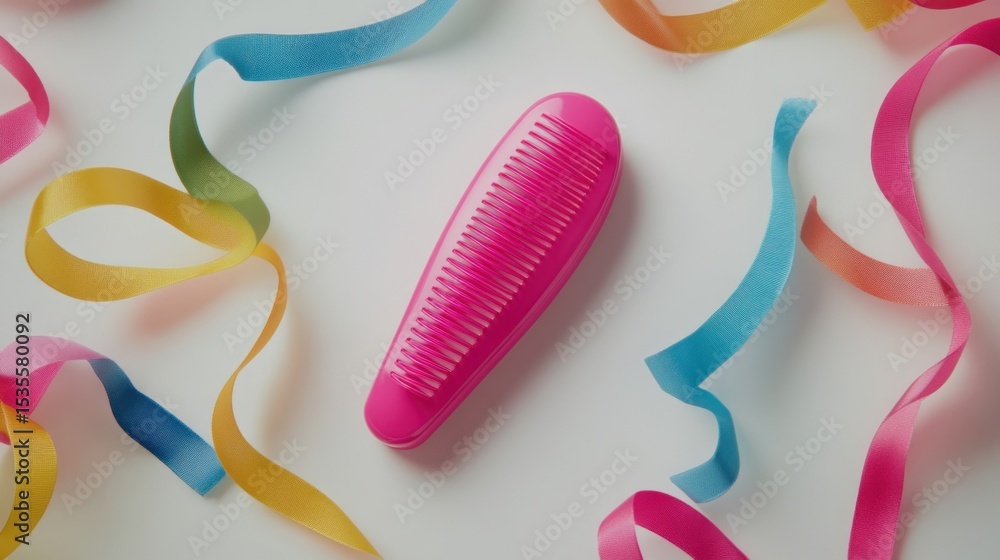 Obraz premium Brightly Colored Hair Comb Surrounded by Vibrant Ribbons on a Soft Background