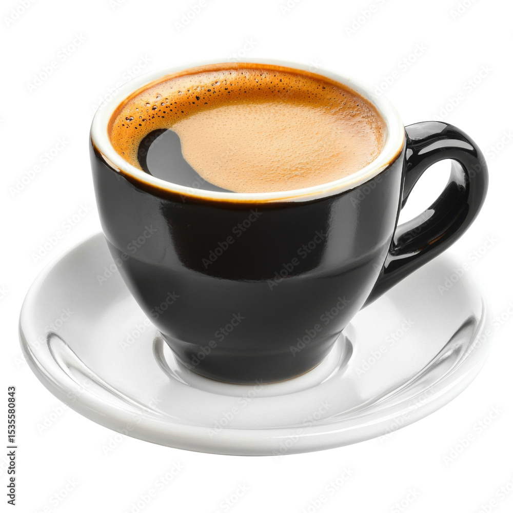 Fototapeta premium close up of black coffee cup filled with espresso on white saucer, showcasing rich crema and inviting aroma. Perfect for coffee lovers and enthusiasts