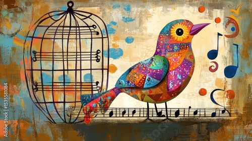 Colorful bird in a cage, musical notes
