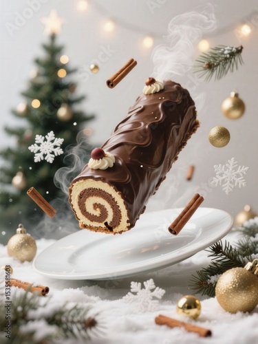 Festive Chocolate Yule Log Cake with Cinnamon Sticks and Christmas Decorations