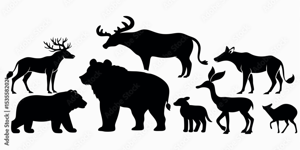 Fototapeta premium Black Silhouettes of Mammals for Wildlife Themed Design