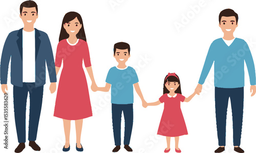 A cartoon depiction of a family of five holding hands against a plain white background in a vector style