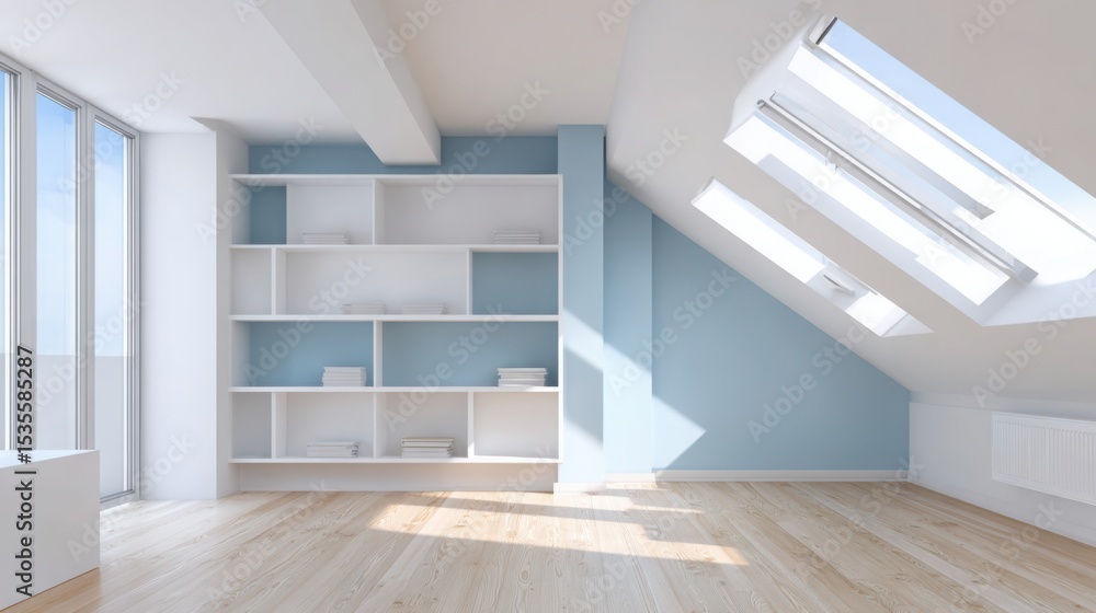 Fototapeta premium modern attic loft, clean minimalist design, light blue and white walls, skylights with sun rays, sleek built-in shelves, light oak flooring
