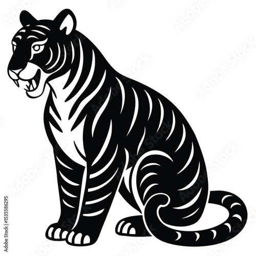 Black and white tiger silhouette sitting proudly on a white background in detailed art style