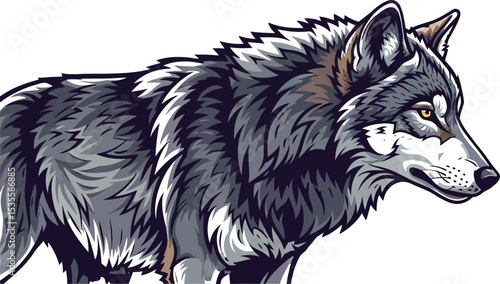 Illustration of a gray wolf with yellow eyes looking to the right against a white background space filler
