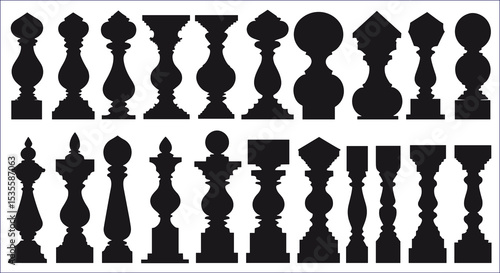 Ornamental Baluster Silhouette Collection Vector Design Elements Set Decoration Illustration