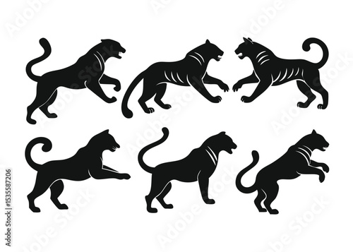 Black panther silhouette set illustrating different poses and actions for design and print purposes