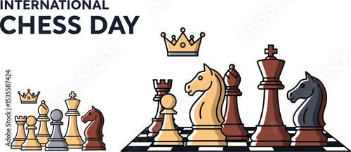 International chess day illustration with chess pieces and crown on a chessboard against white background