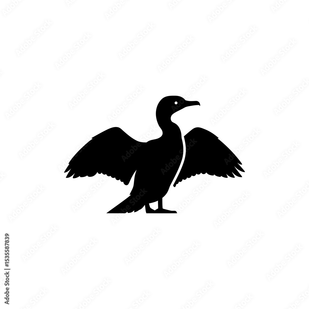 Cormorant Bird Drying Wings Spread Wide in Natural Pose Cormorant Bird Drying Wings Spread Wide in Natural Pose