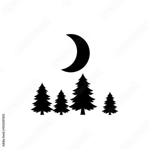 Crescent moon shining above dark pine forest silhouette