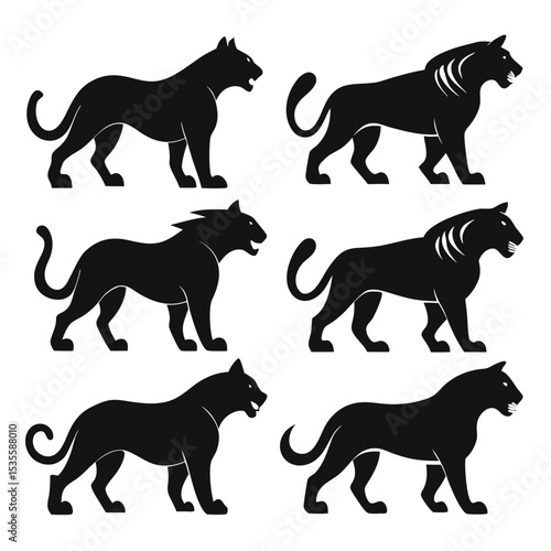 Black panther silhouettes depicting different poses and design elements on a white background