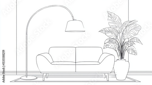 Premium photo of simple line drawing of a sofa with a floor lamp and a plant on a white background, vector illustration, flat design, minimalistic style, black outline on the.