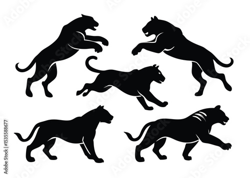 Black panther silhouettes depicting movement and action in a dynamic vector illustration