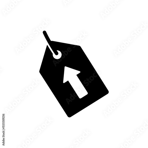 Price tag with upward value arrow representing cost increase icon
