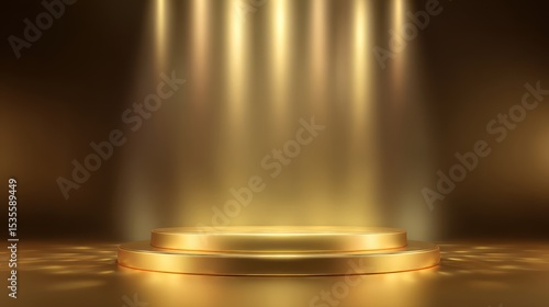 Premium photo of empty stage podium background, luxury gold background with shiny glow lights.