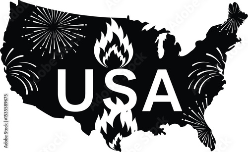 Black silhouette of united states map with usa text fireworks and flames on a white background