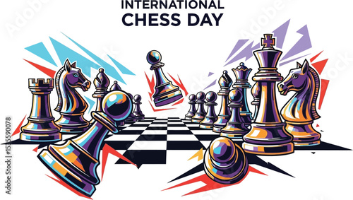 International chess day illustration with chessboard and chess pieces in colorful style